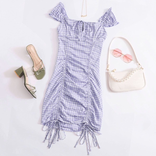 

Gingham Drawstring Ruched Bodycon Dress, Lilac purple