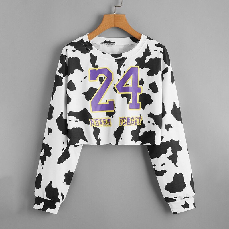 

Slogan Graphic Cow Print Pullover, Black and white