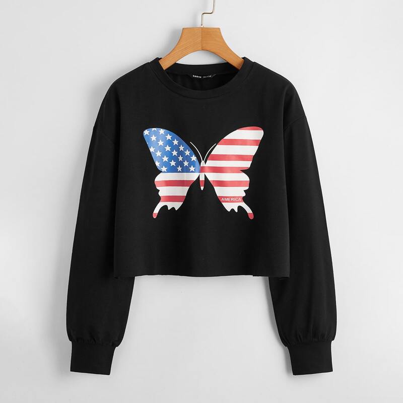 

Flag Print Butterfly Sweatshirt, Black