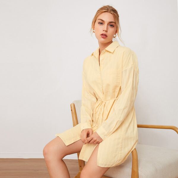 

Drop Shoulder Patch Pocket M-slit Hem Shirt Dress, Yellow pastel