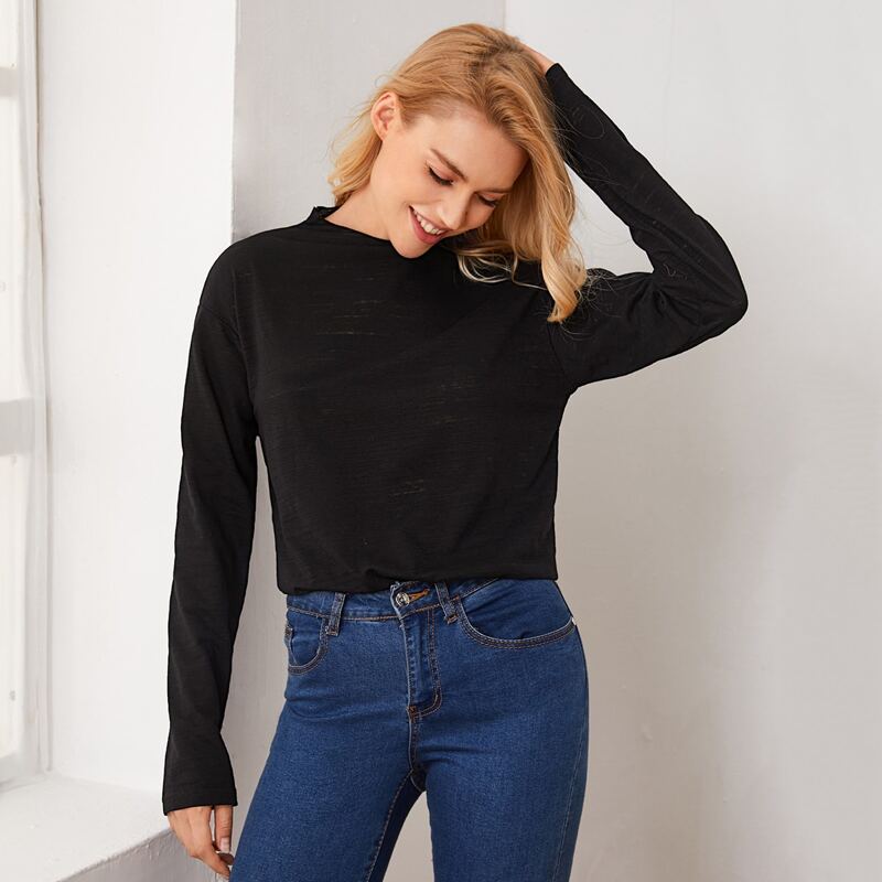 

Mock-Neck Drop Shoulder Top, Black