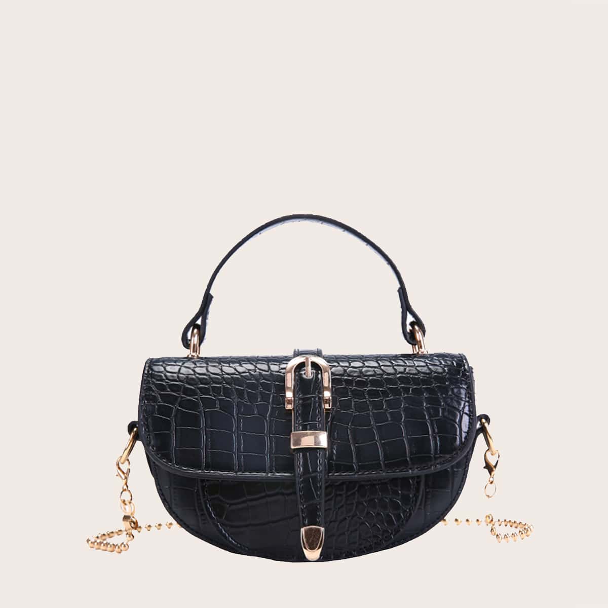 

Croc Embossed Chain Satchel Bag, Black