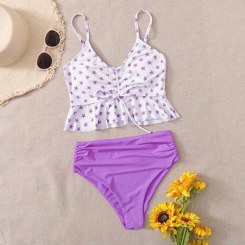 

Star Print Drawstring Ruffle Hem Bikini Swimsuit, Multicolor