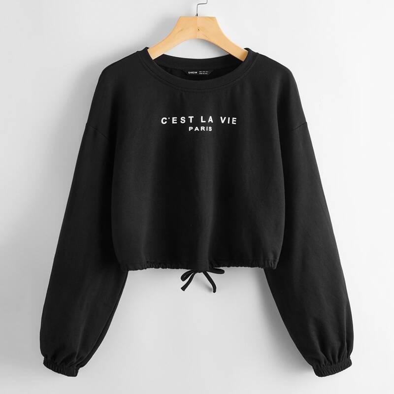 

Slogan Graphic Drop Shoulder Pullover, Black