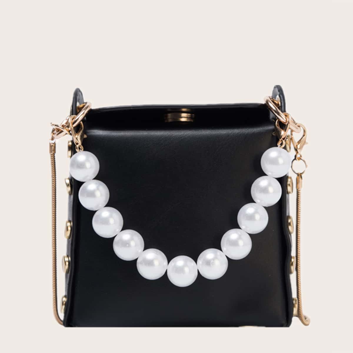 

Faux Pearls Studded Satchel Bag, Black