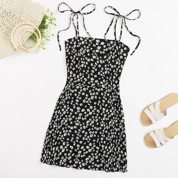 

Knot Strap Shirred Back Daisy Floral Slip Dress, Black