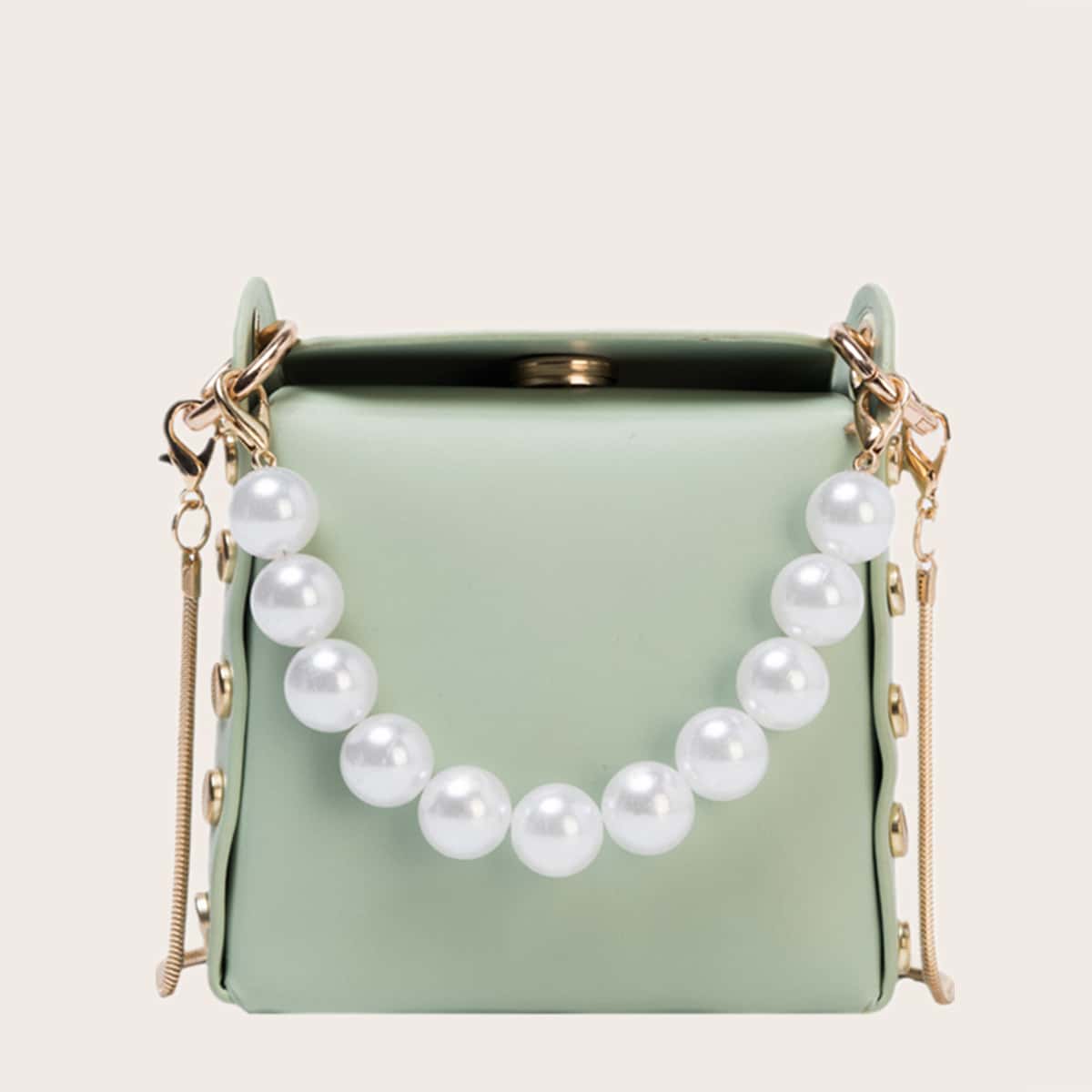 

Faux Pearls Studded Satchel Bag, Yellow