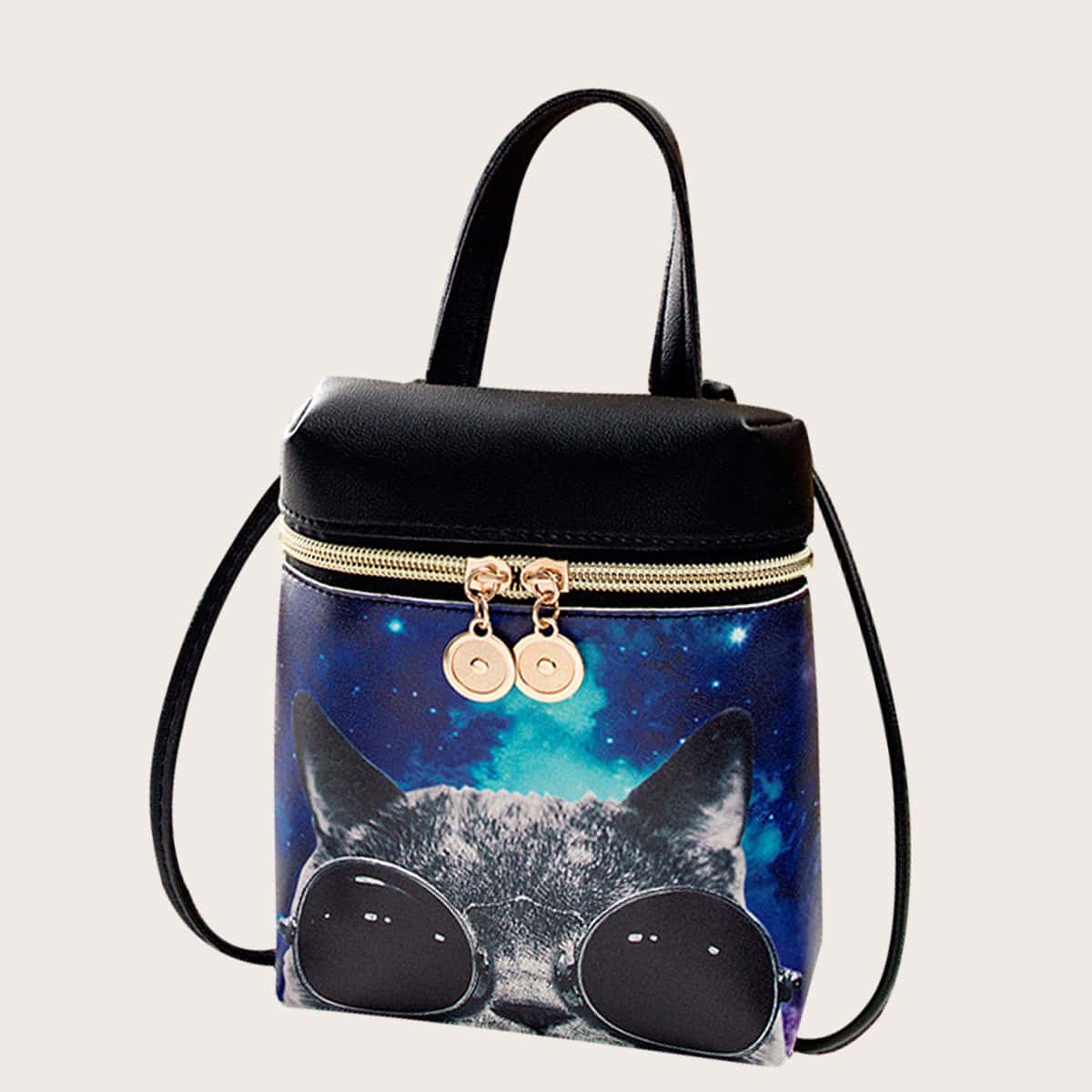

Cat & Galaxy Print Satchel Bag, Black
