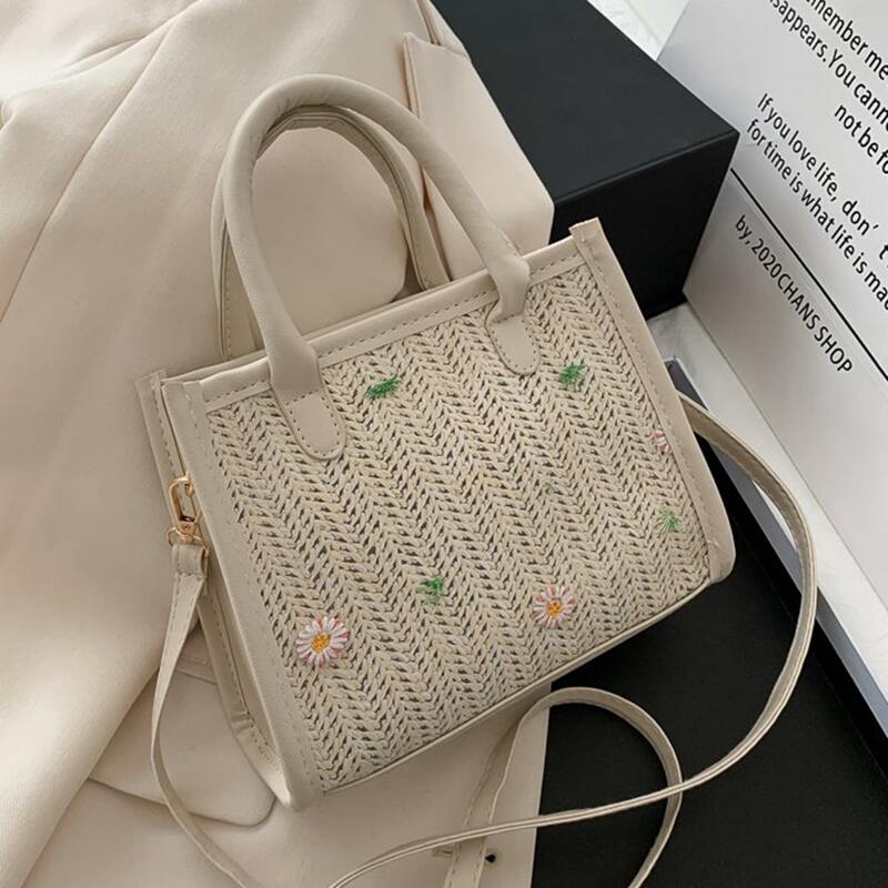 

Flower Decor Woven Satchel Bag, Beige