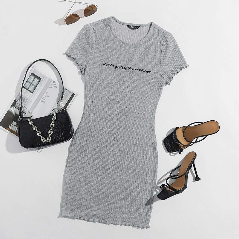 

Lettuce Trim Slogan Embroidery Rib-knit Dress, Grey