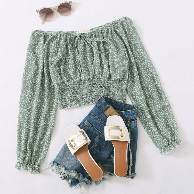 

Allover Print Knot Shirred Blouse, Mint green