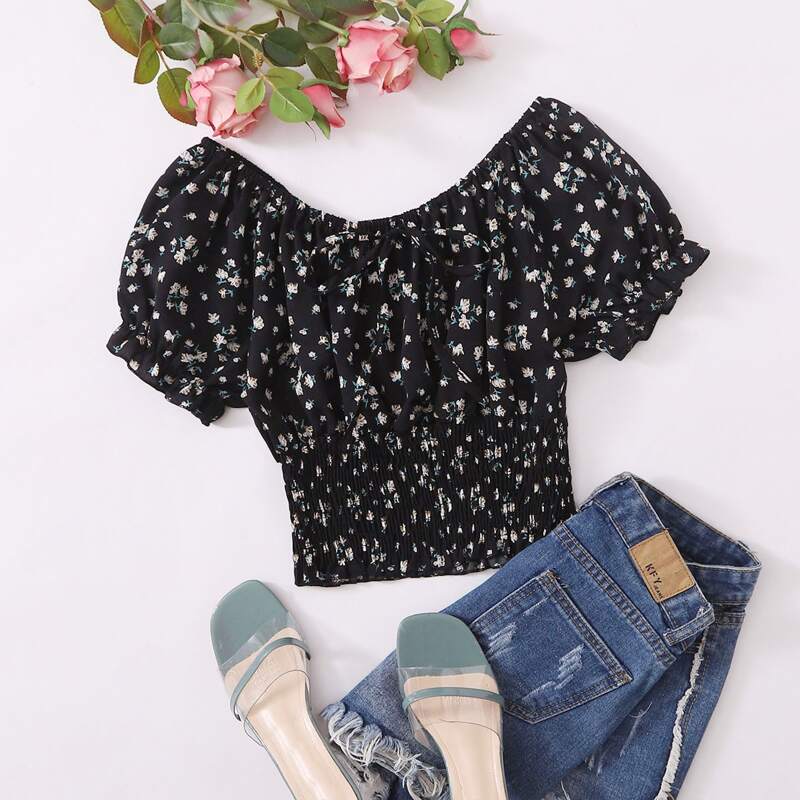 

Ditsy Floral Shirred Blouse, Black