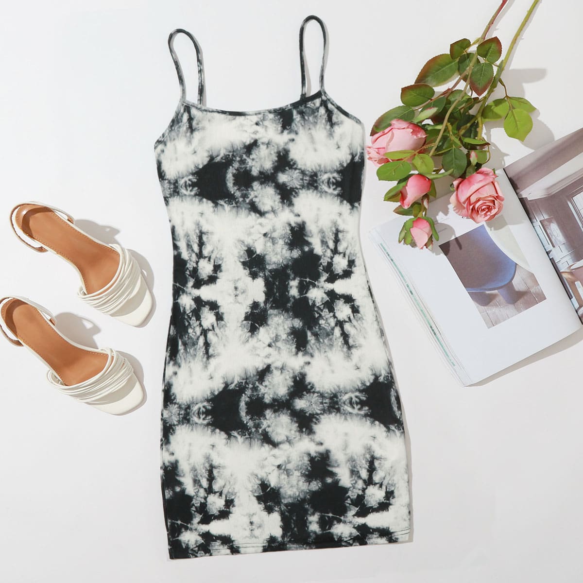 

Tie Dye Slip Dress, Black and white