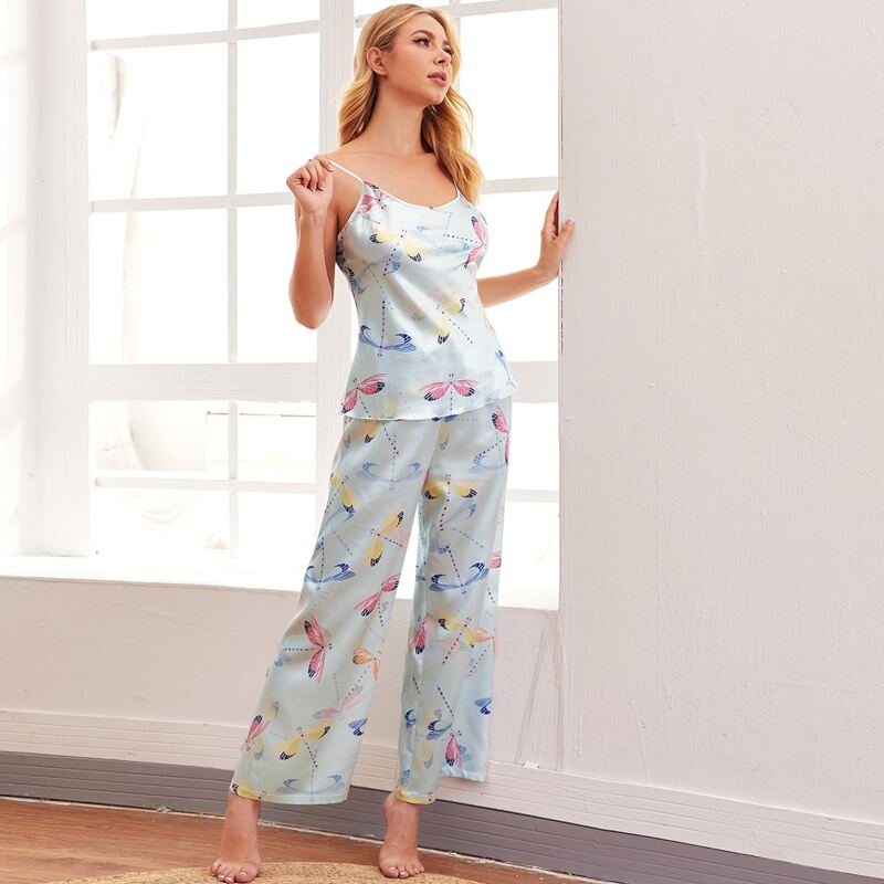 

Allover Dragonfly Satin Night Set, Pastel dusty blue