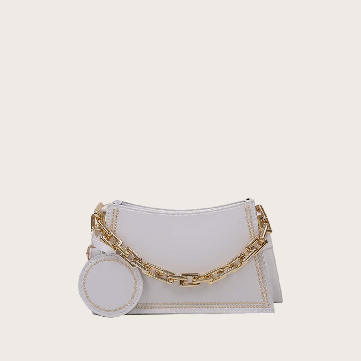 

Studded Chain Handle Satchel Bag, White