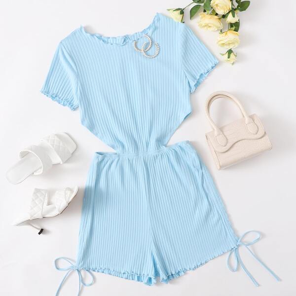 

Lettuce Trim Rib-knit Cutout Waist Drawstring Hem Romper, Bright baby blue