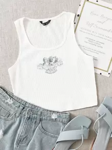 SHEIN EZwear Letter and Angel Print Rib-knit Tank Top - White - View 1