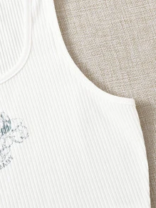 SHEIN EZwear Letter and Angel Print Rib-knit Tank Top - White - View 3