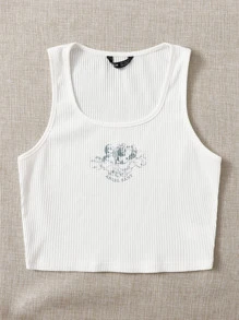 SHEIN EZwear Letter and Angel Print Rib-knit Tank Top - White - View 4