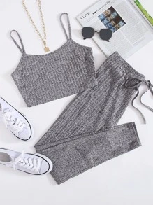 Muchica Rib-knit Crop Cami Top & Knot Waist Leggings Set - Grey - View 1