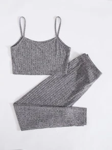 Muchica Rib-knit Crop Cami Top & Knot Waist Leggings Set - Grey - View 2