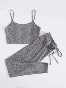 Muchica Rib-knit Crop Cami Top & Knot Waist Leggings Set - Grey - View 3