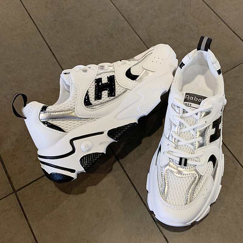 

Letter Mesh Lace-up Chunky Sneakers, White