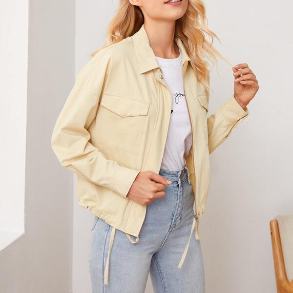 

Drop Shoulder Flap Pocket Zipper Up Jacket, Apricot