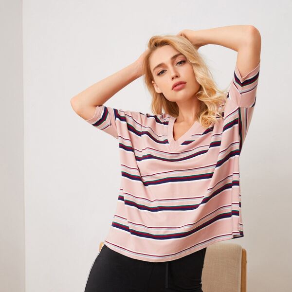 

V-neck Drop Shoulder Striped Tee, Pastel baby pink