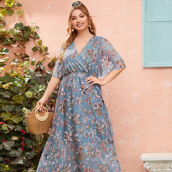 

Plus Surplice Front Tribal Print A-line Dress, Dusty blue