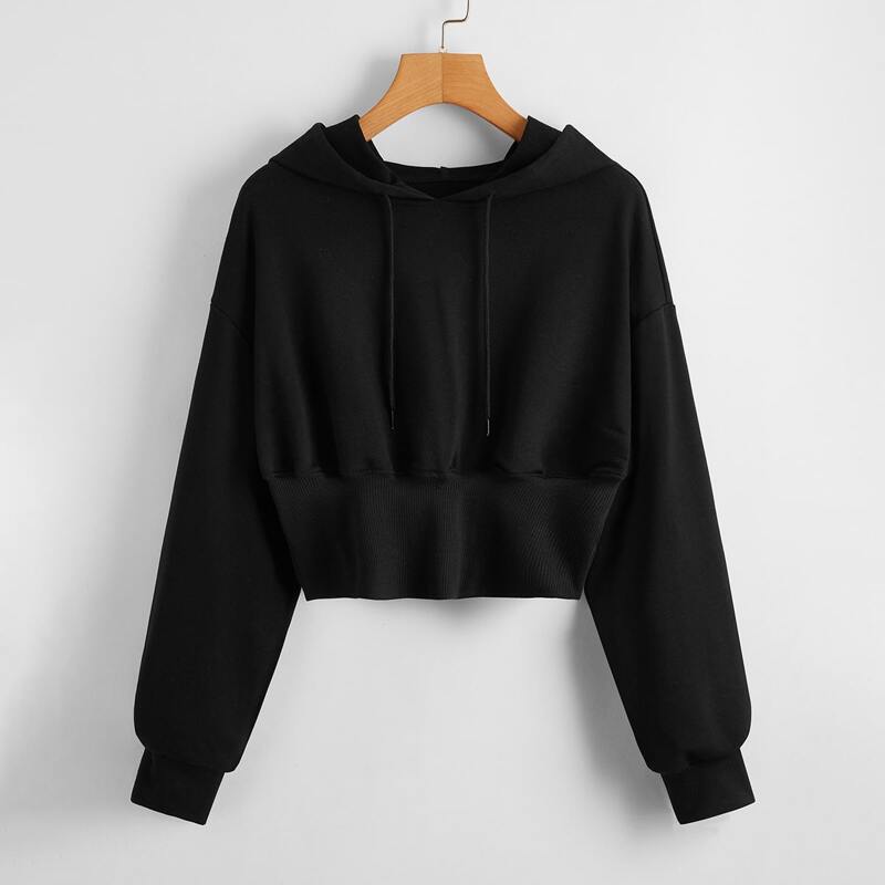 

Drop Shoulder Drawstring Hoodie, Black