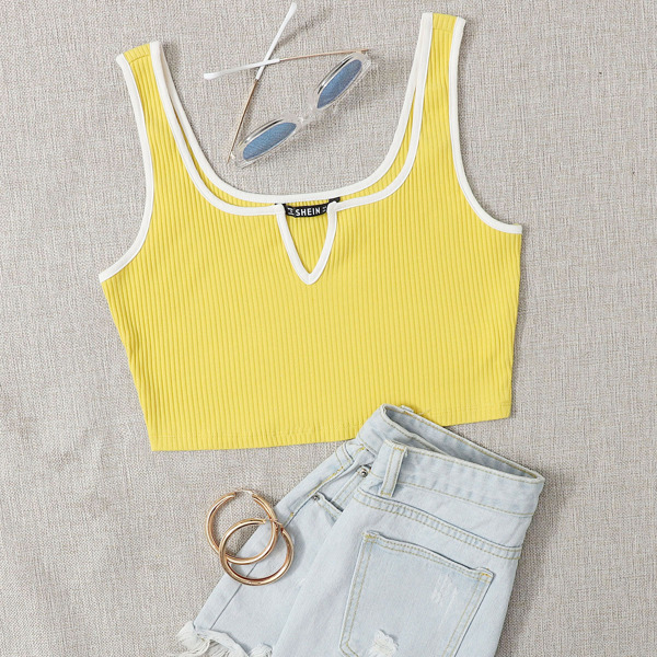 

Contrast Binding Notch Neck Rib-knit Crop Tank Top, Yellow bright