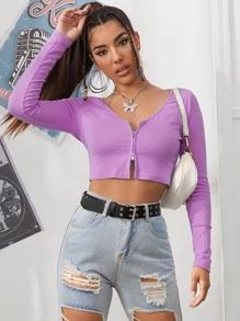 SHEIN EZwear 拉鏈開襟羅紋針織短版T恤 - 紫丁香色 - 查看 1