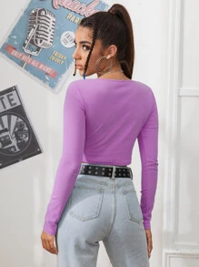 SHEIN EZwear 拉鏈開襟羅紋針織短版T恤 - 紫丁香色 - 查看 2