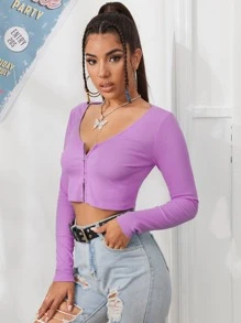 SHEIN EZwear 拉鏈開襟羅紋針織短版T恤 - 紫丁香色 - 查看 5
