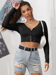 SHEIN EZwear Zipper Placket Rib-knit Crop Tee - Black - View 1