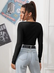 SHEIN EZwear Zipper Placket Rib-knit Crop Tee - Black - View 2