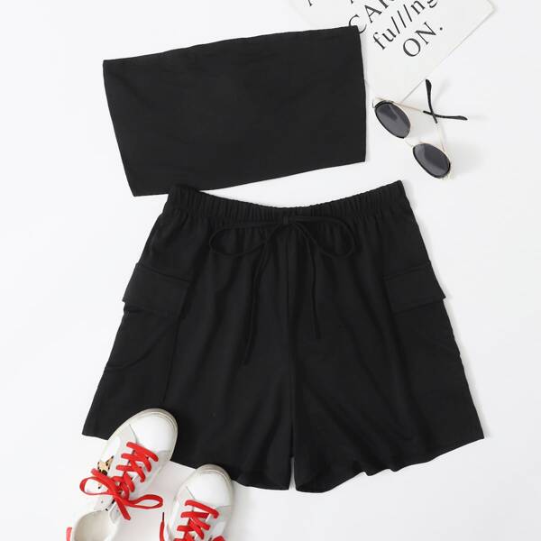 

Solid Crop Tube Top & Flap Pocket Shorts Set, Black
