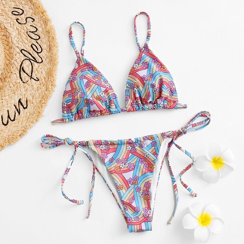 

Floral & Rainbow Stripe Tie Side Bikini Swimsuit, Multicolor