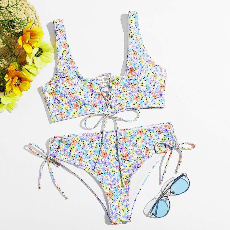 

Ditsy Floral Lace-up Bikini Swimsuit, Multicolor