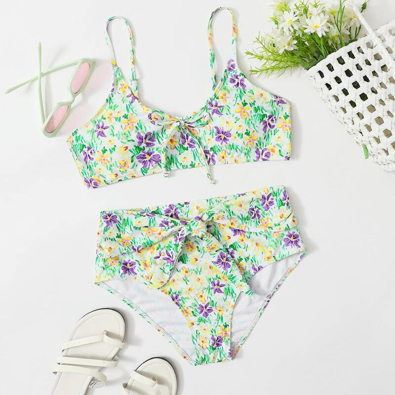

Floral Knot Detail High Waist Bikini Swimsuit, Multicolor