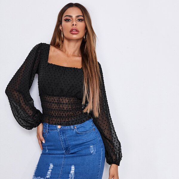 

Ruffle Hem Shirred Swiss Dot Top, Black