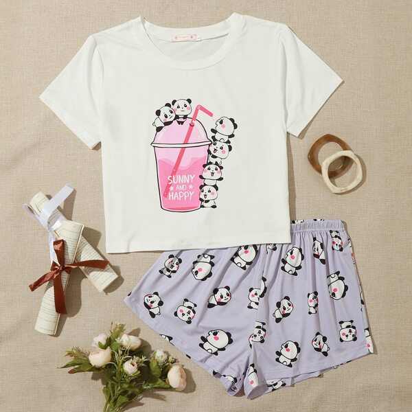 

Cartoon & Slogan Graphic PJ Set, Multicolor