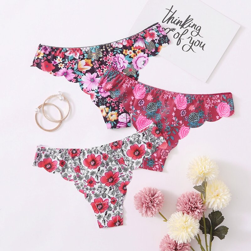 

3pack Scallop Trim Floral Thong Set, Multicolor