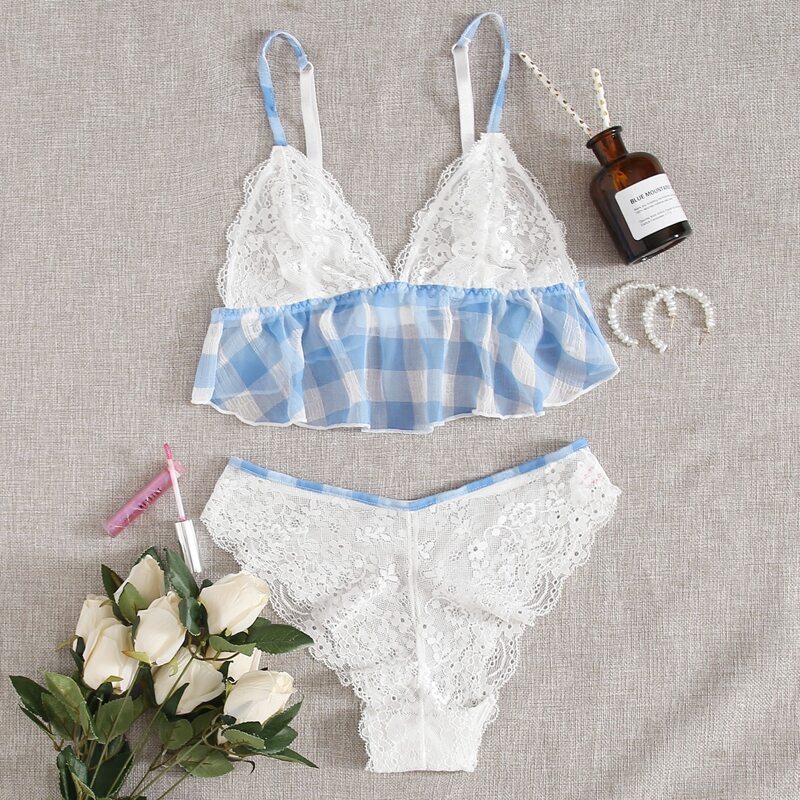 

Gingham & Floral Lace Lingerie Set, Blue and white