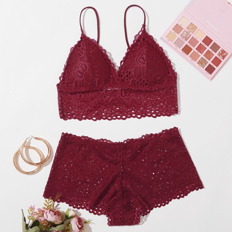 

Floral Lace Shortie Lingerie Set, Burgundy