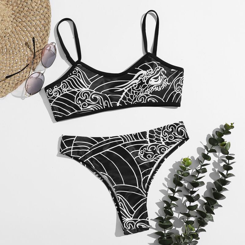 

Chinese Dragon Print Cami Bikini Swimsuit, Black