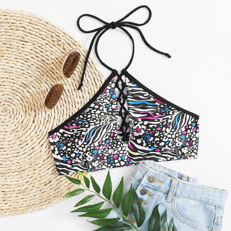 

Graphic Print Lace-up Halter Bikini Top, Multicolor