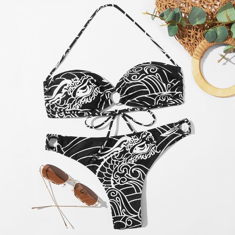 

Chinese Dragon Ring Linked Bikini Swimsuit, Black