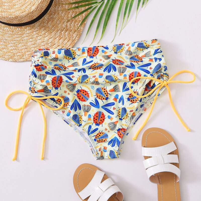

Ladybug Print Drawstring Bikini Bottom, Multicolor